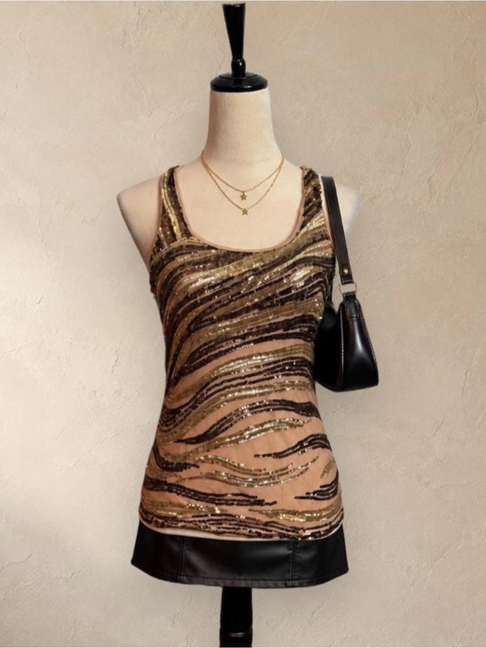 Charlotte Russe Gold and Black Sequin Wave Tank